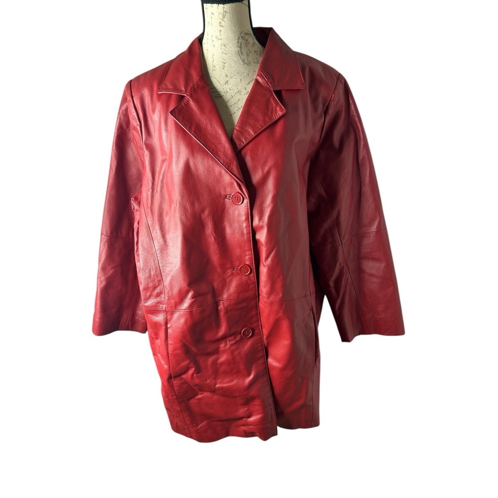 Veranesi Women's Genuine Leather Coat Jacket Long Button Up Lined Red Size 20W